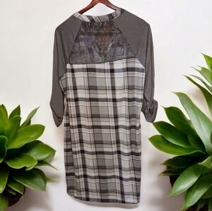 No Comment Gray Plaid Lace Roll Tab Sleeve Dress Ladies Plus size 2X NWT Preppy
